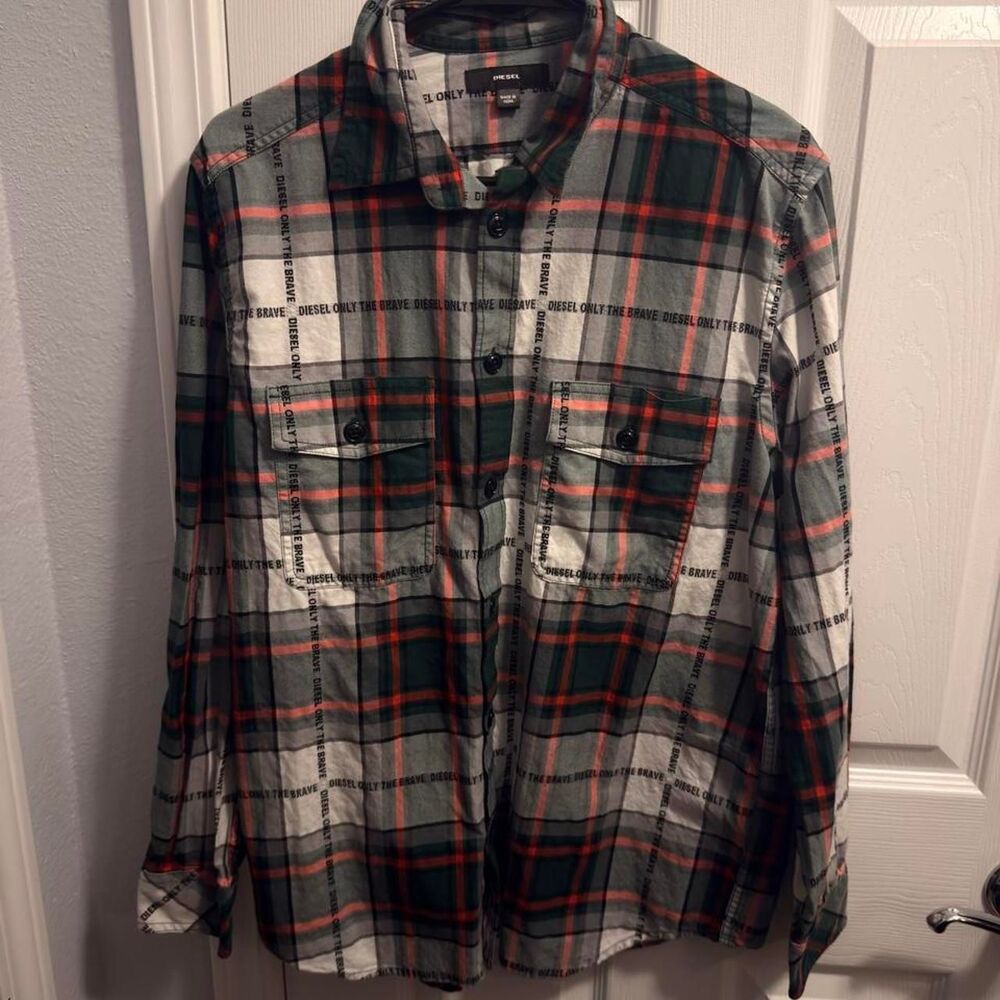 (2018) Diesel S-MILLER-A Graphic Flannel Shirt - Green/Orange - M